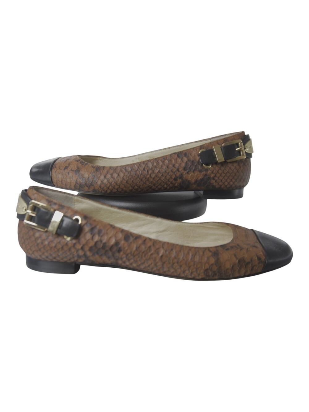 Michael Kors Leather Ballet Flats Women’s 7M Brown Snake Print Black Cap Toe